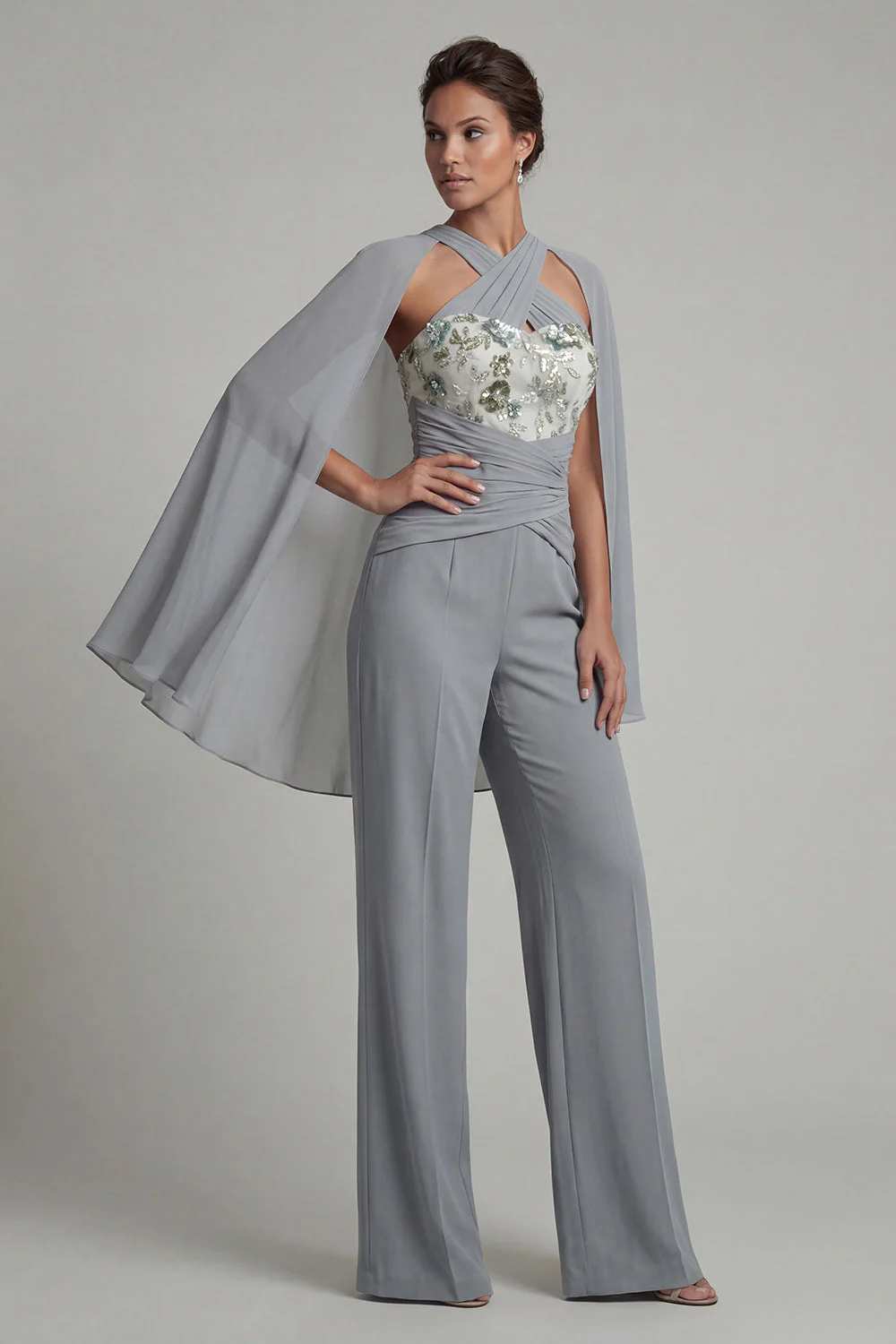 Grey Blue Halter Chiffon Long Mother of the Bride Jumpsuit with Cape - Image 3