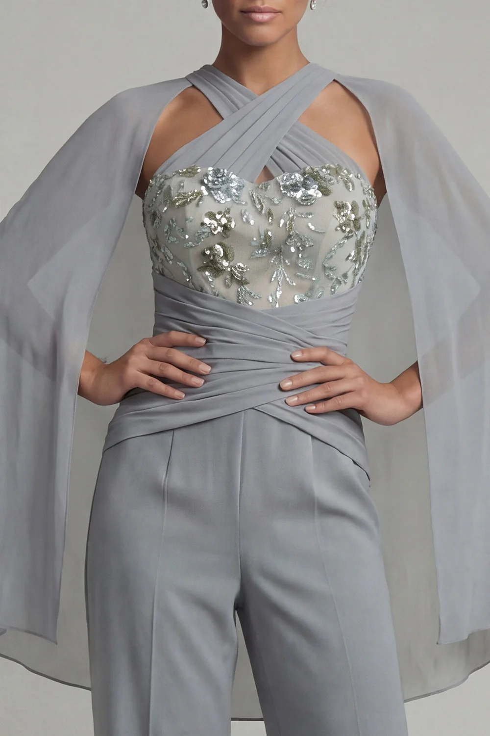 Grey Blue Halter Chiffon Long Mother of the Bride Jumpsuit with Cape - Image 4