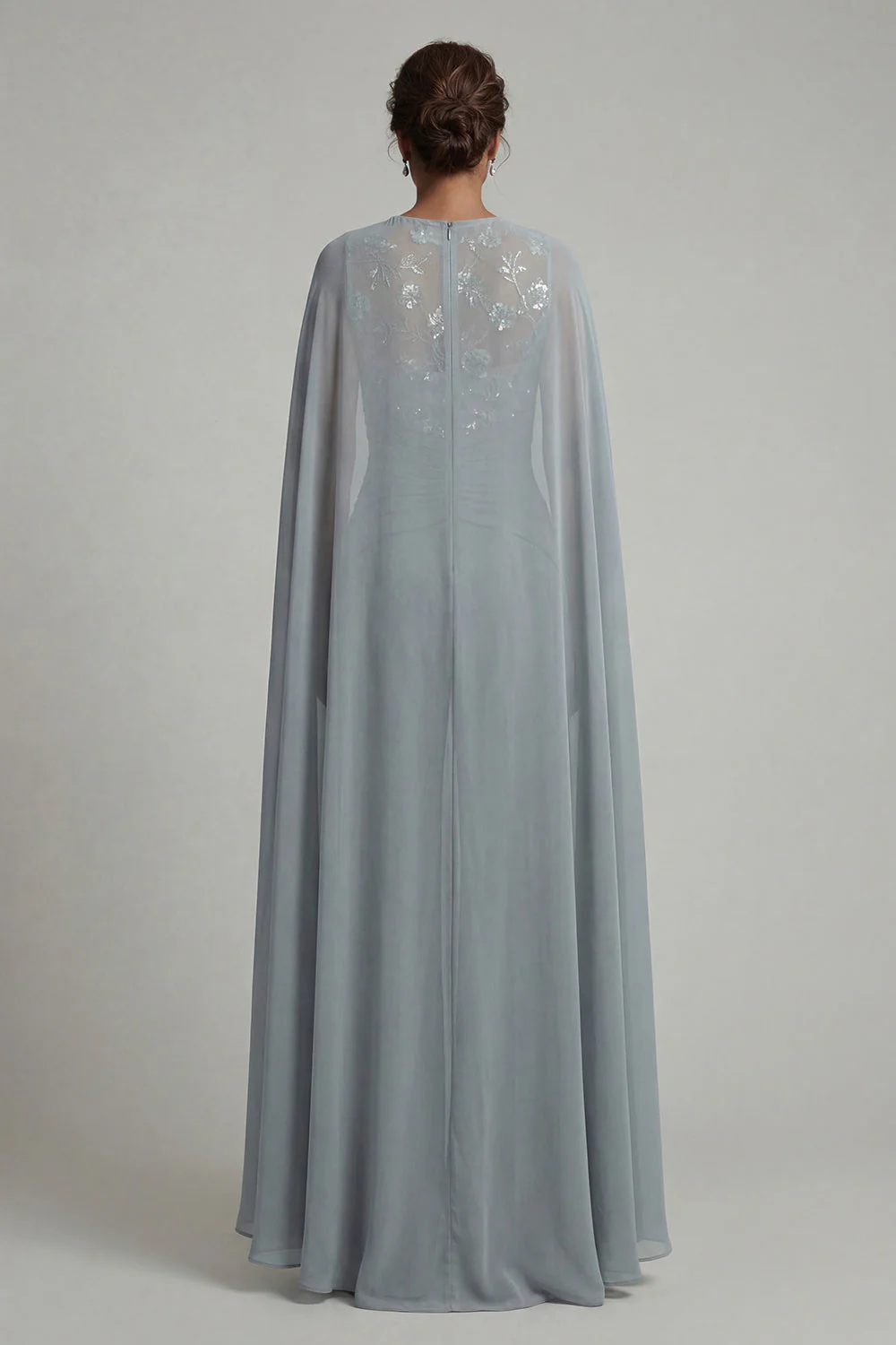Grey Blue Chiffon Round Neck Motherof the Bride Jumpsuit with Cape - Image 2