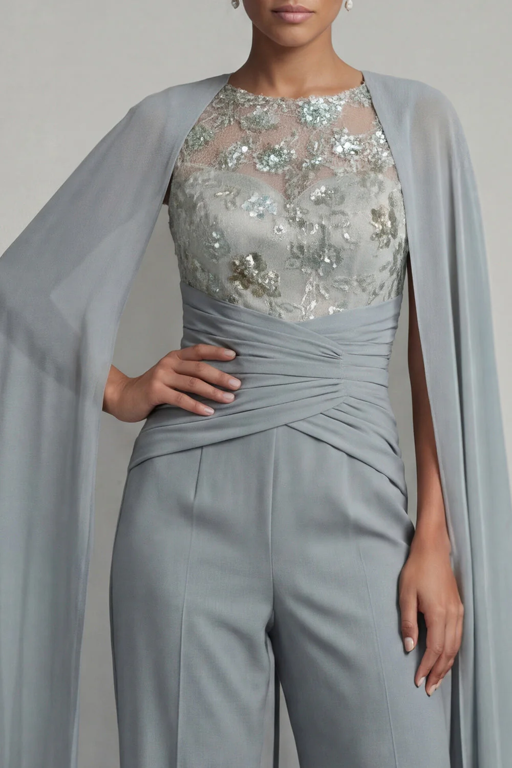 Grey Blue Chiffon Round Neck Motherof the Bride Jumpsuit with Cape - Image 3