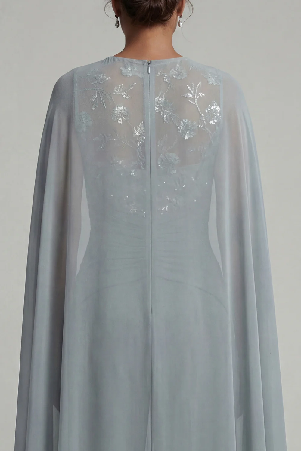 Grey Blue Chiffon Round Neck Motherof the Bride Jumpsuit with Cape - Image 4