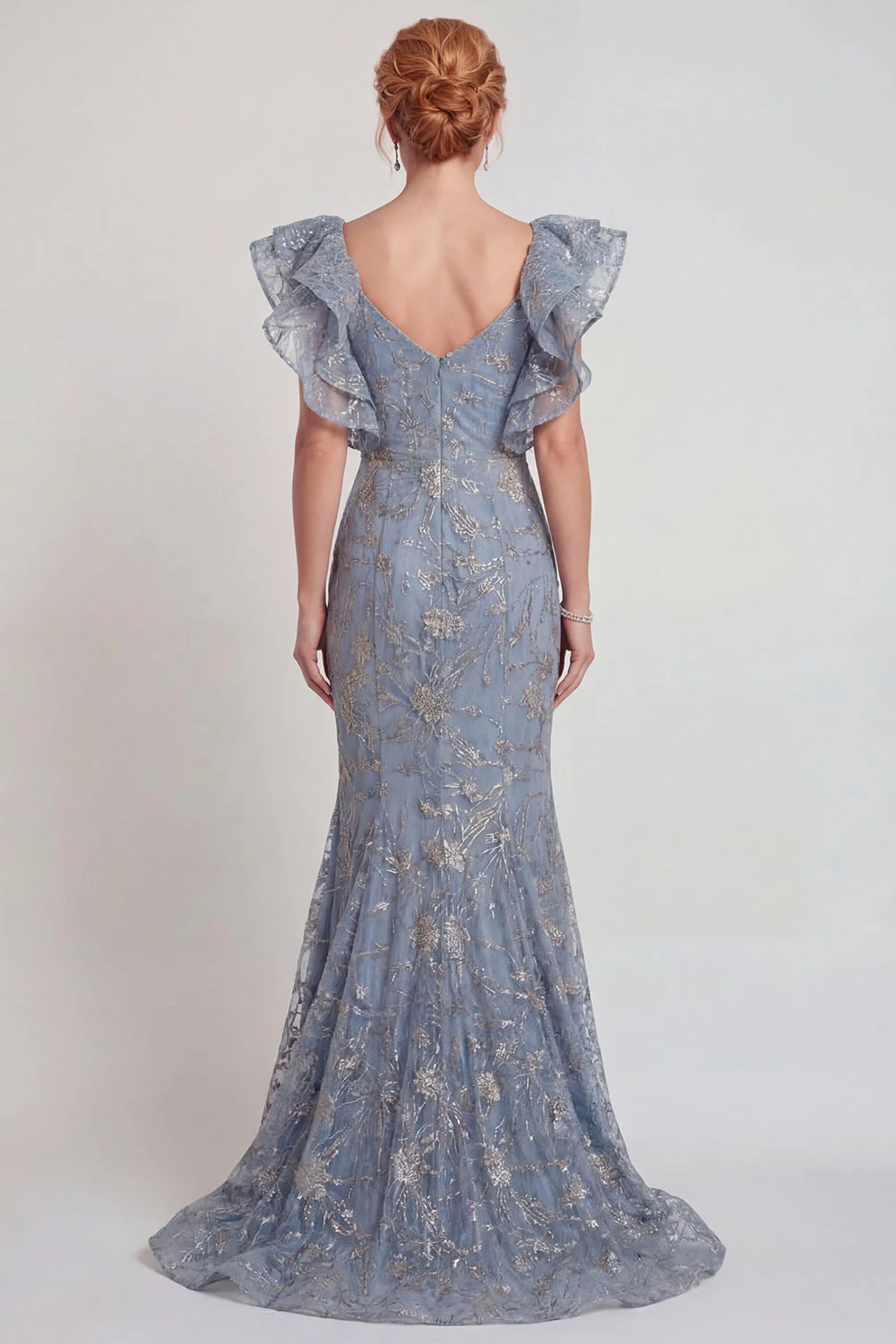 Grey Blue Appliqued Ruffled Sleeve Mermaid Mother of the Bride Dress with Slit - Image 2