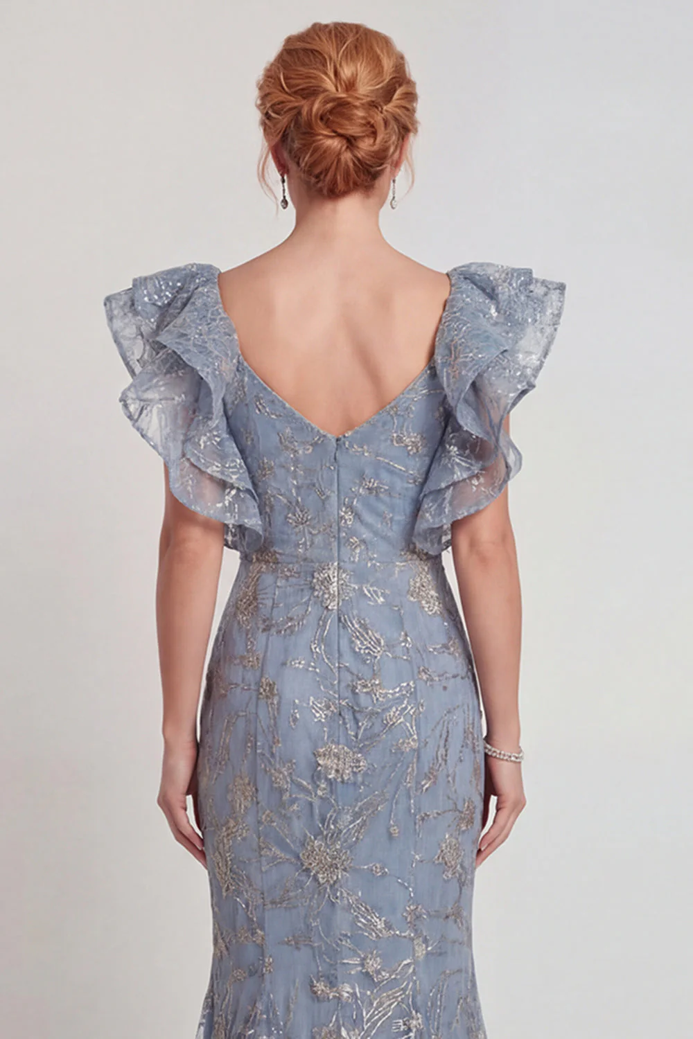 Grey Blue Appliqued Ruffled Sleeve Mermaid Mother of the Bride Dress with Slit - Image 4