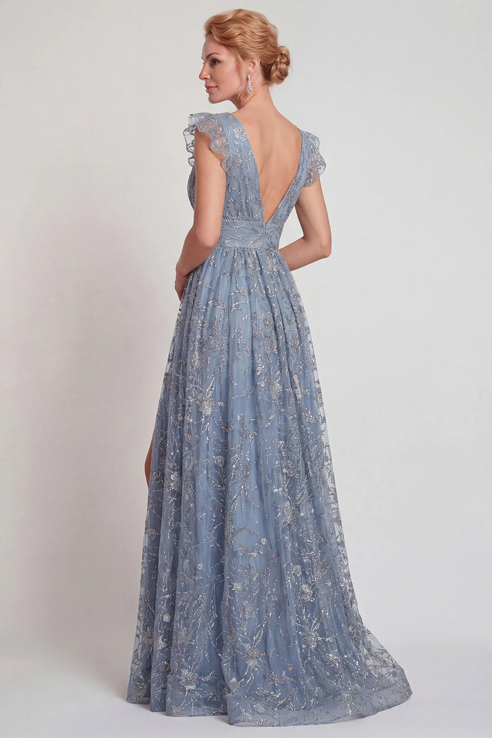 Grey Blue Appliqued V Neck A Line Mother of the Bride Dress with Slit - Image 2