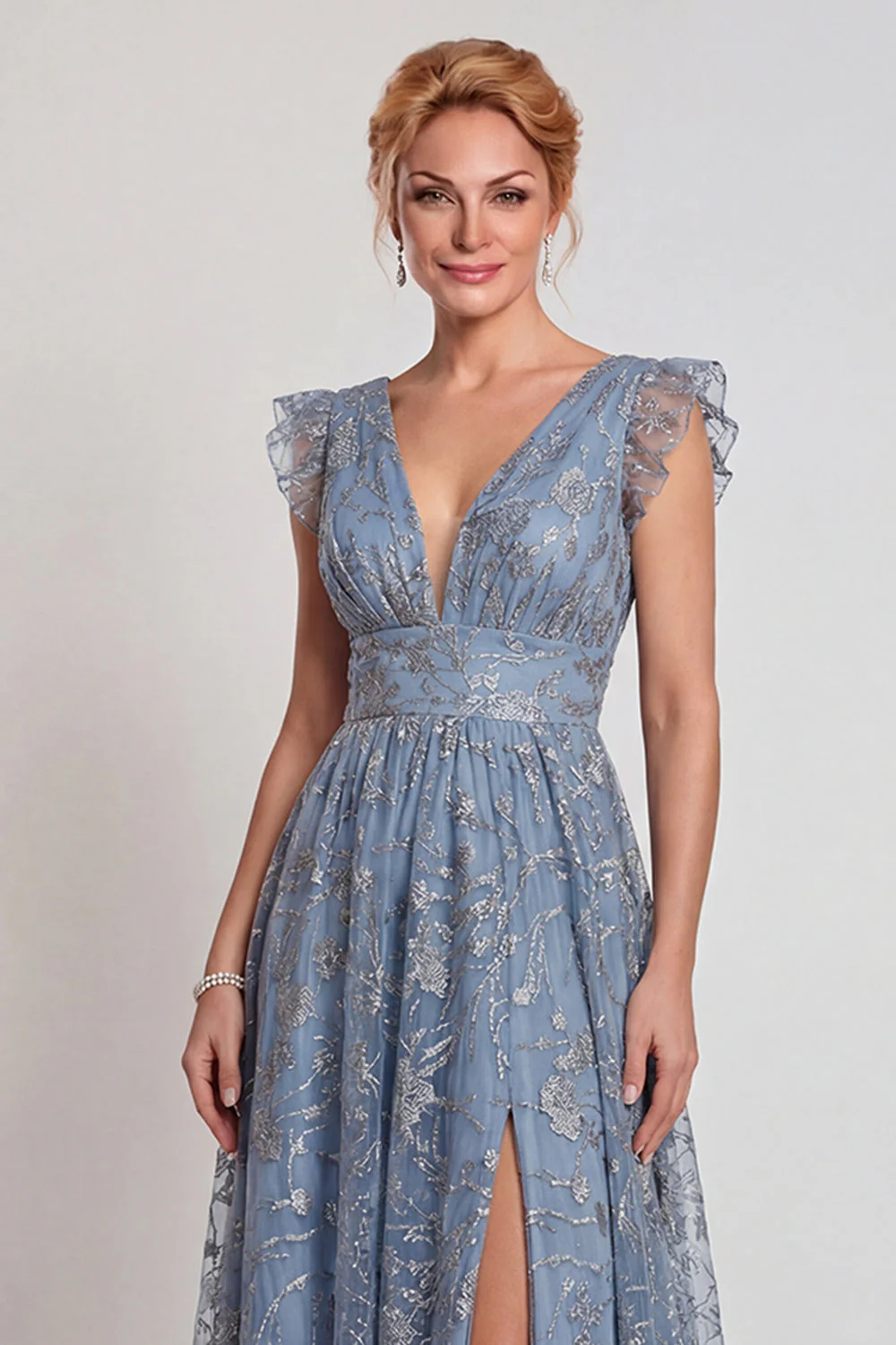 Grey Blue Appliqued V Neck A Line Mother of the Bride Dress with Slit - Image 3