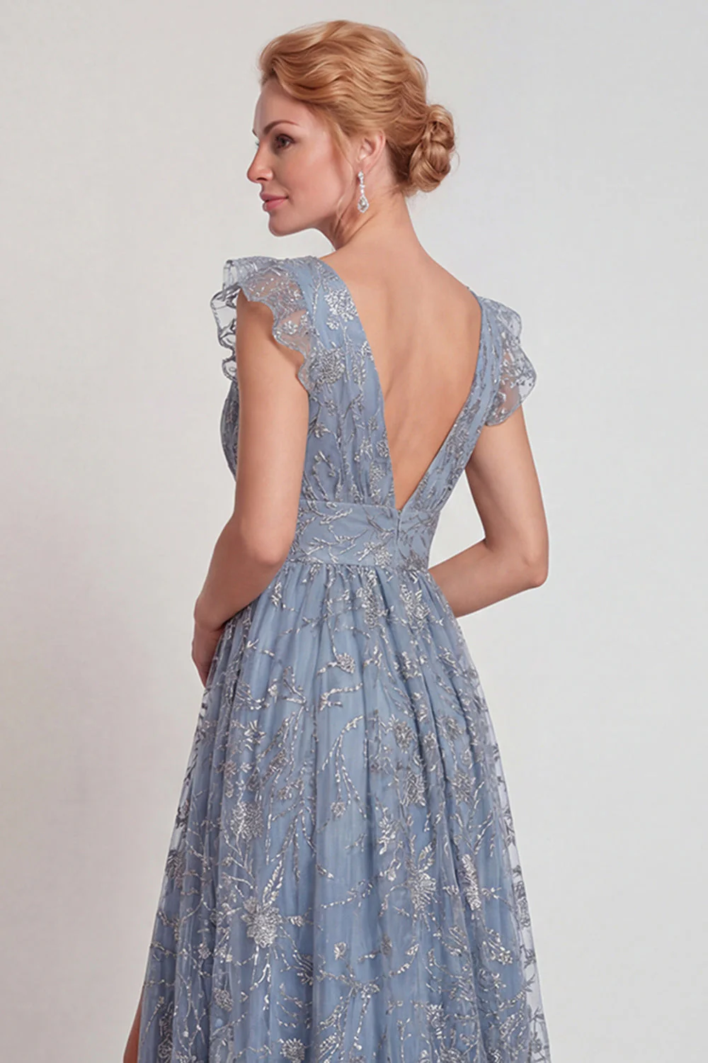 Grey Blue Appliqued V Neck A Line Mother of the Bride Dress with Slit - Image 4