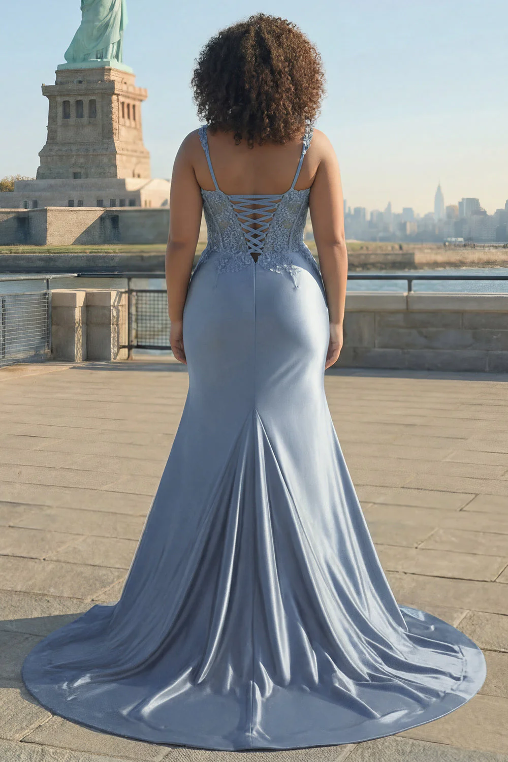 Grey Blue Corset Satin Mermaid Beaded Ruched Long Plus Size Prom Dress with Slit - Image 2
