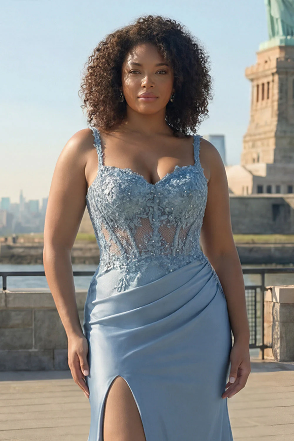 Grey Blue Corset Satin Mermaid Beaded Ruched Long Plus Size Prom Dress with Slit - Image 3