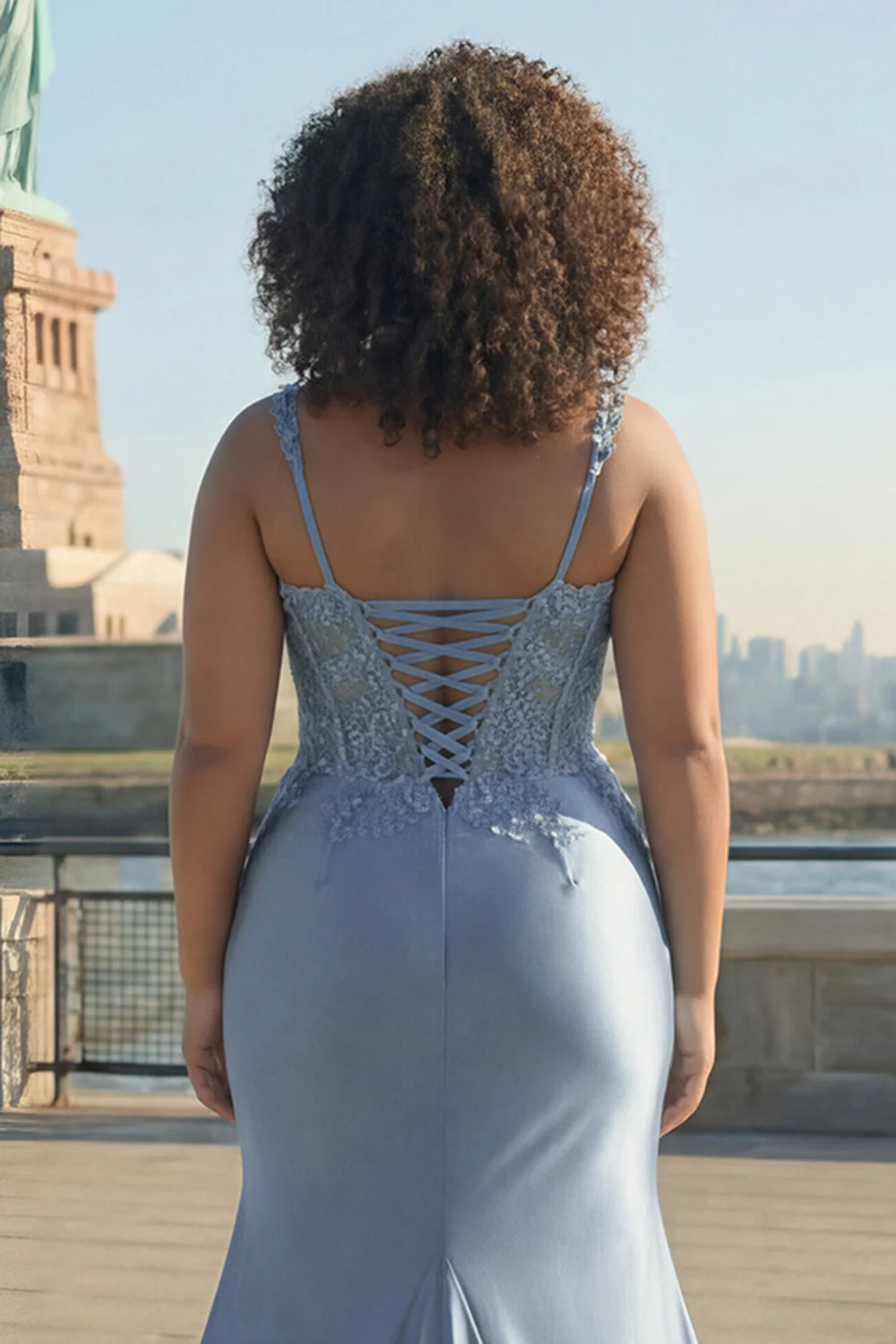 Grey Blue Corset Satin Mermaid Beaded Ruched Long Plus Size Prom Dress with Slit - Image 4