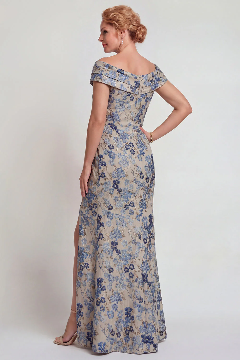 Grey Blue Flower Off the Shoulder Long Mother of the Bride Dress with Slit - Image 2