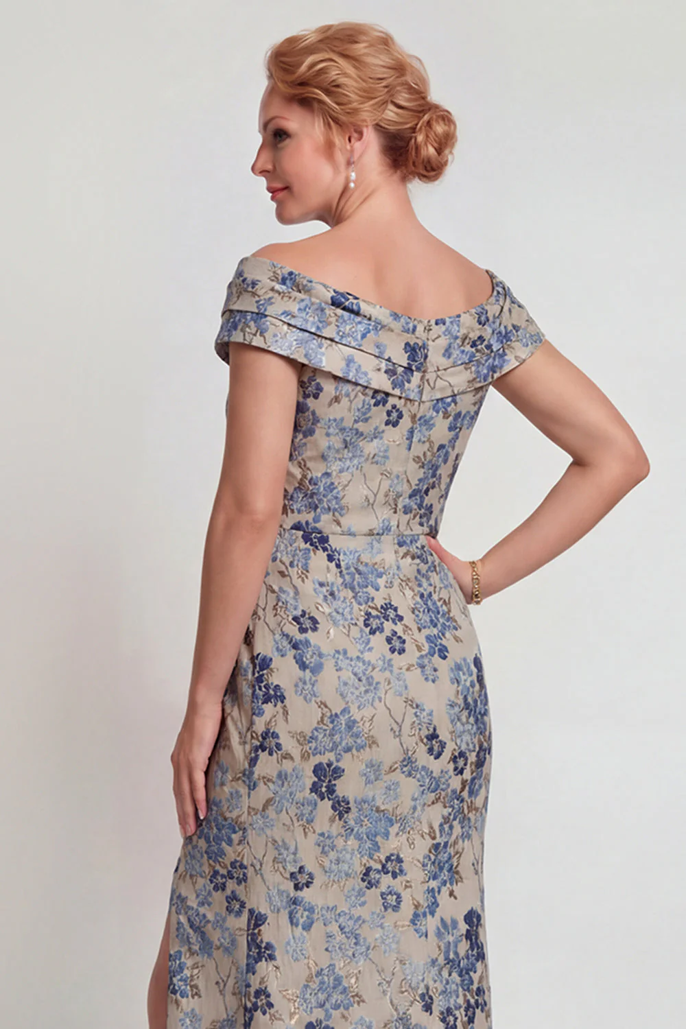 Grey Blue Flower Off the Shoulder Long Mother of the Bride Dress with Slit - Image 4