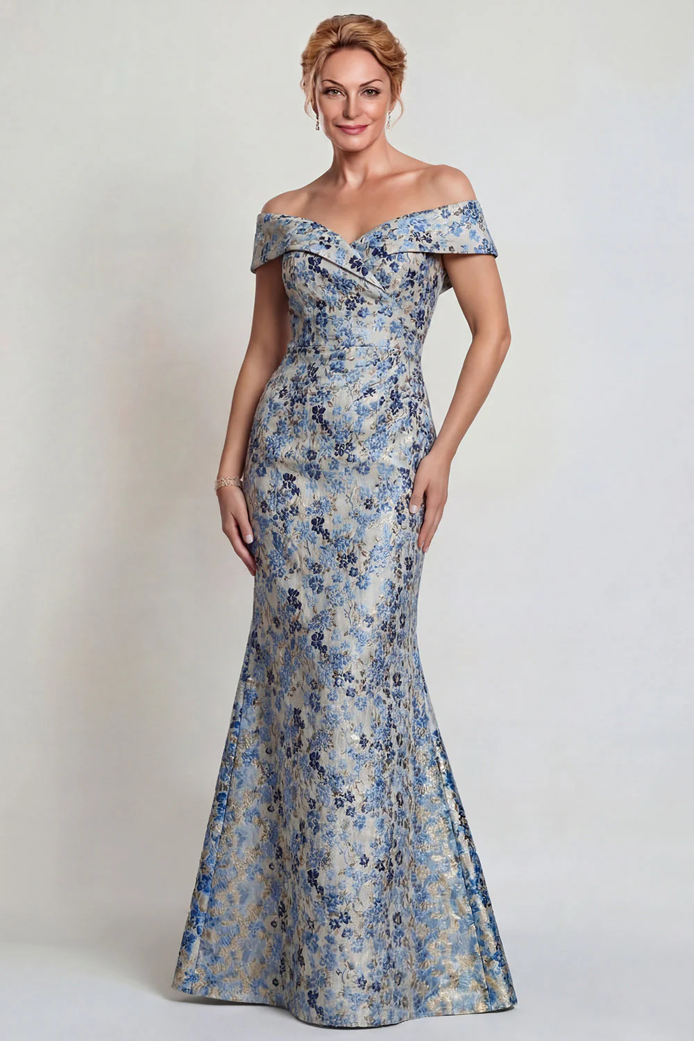 Grey Blue Flower Off the Shoulder Mermaid Long Mother of the Bride Dress - Image 3