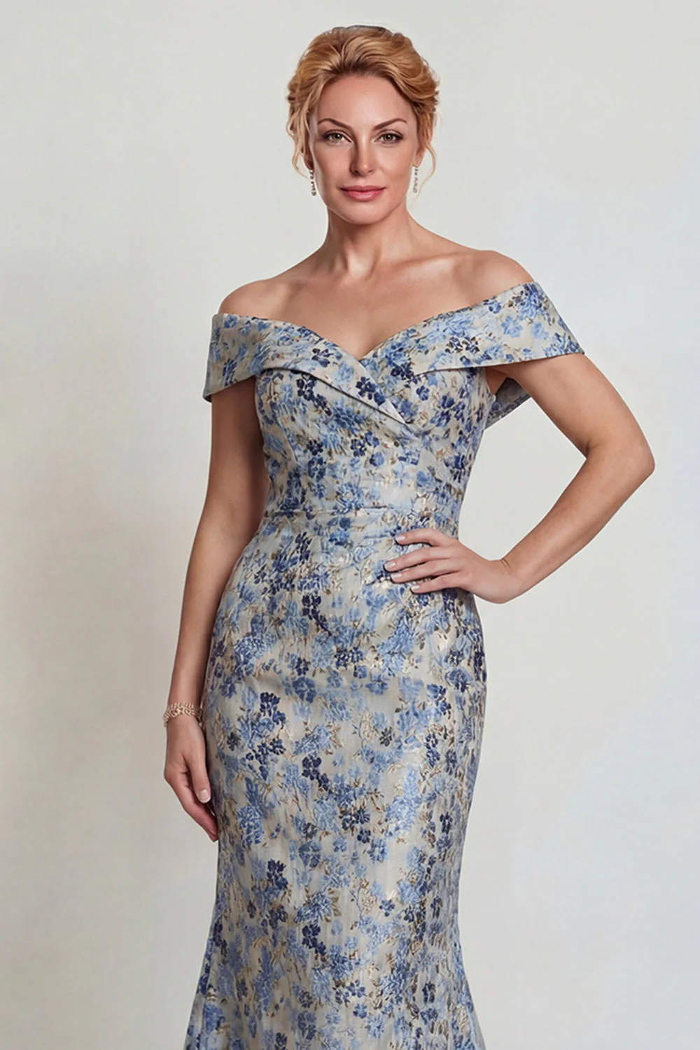 Grey Blue Flower Off the Shoulder Mermaid Long Mother of the Bride Dress - Image 4