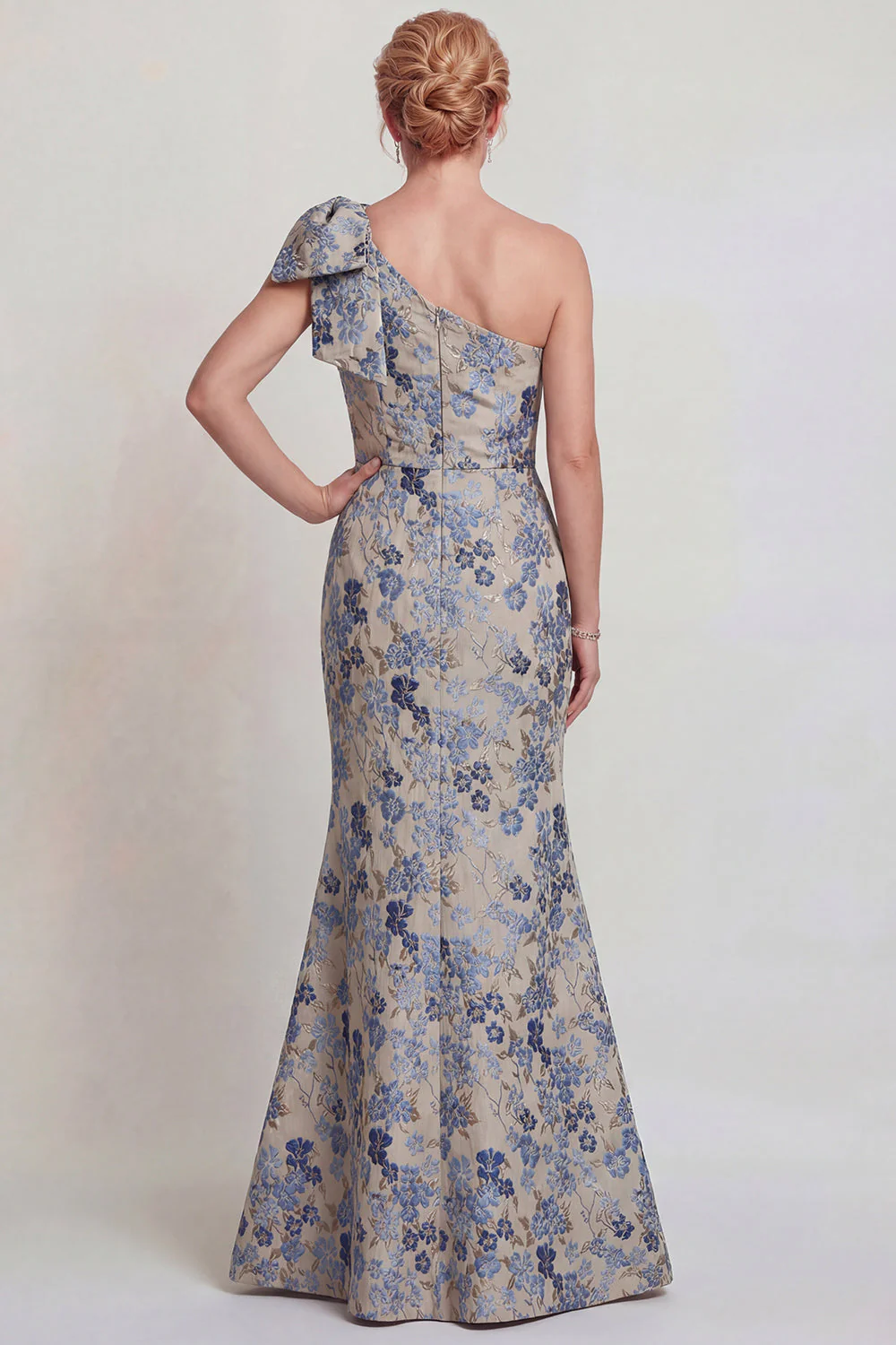 Grey Blue Flower One Shoulder Mermaid Mother of the Bride Dress with Bowknot - Image 2