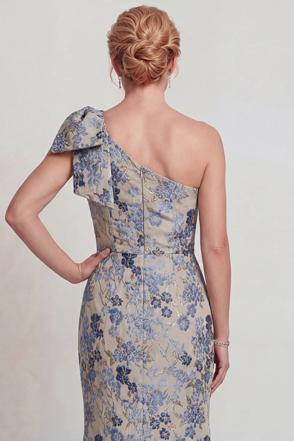 Grey Blue Flower One Shoulder Mermaid Mother of the Bride Dress with Bowknot - Image 4