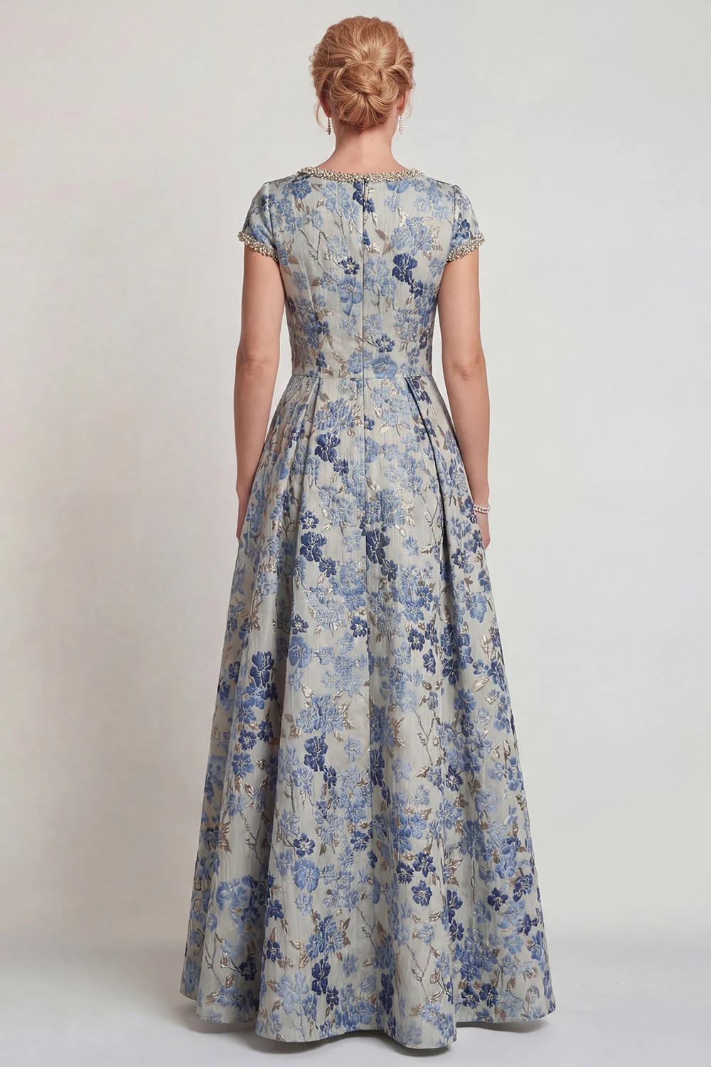 Grey Blue Flower Round Neck A-Line Long Mother of the Bride Dress with Sleeve - Image 2
