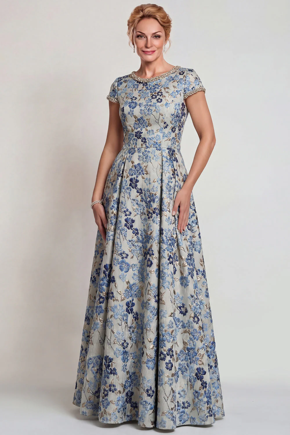 Grey Blue Flower Round Neck A-Line Long Mother of the Bride Dress with Sleeve - Image 3