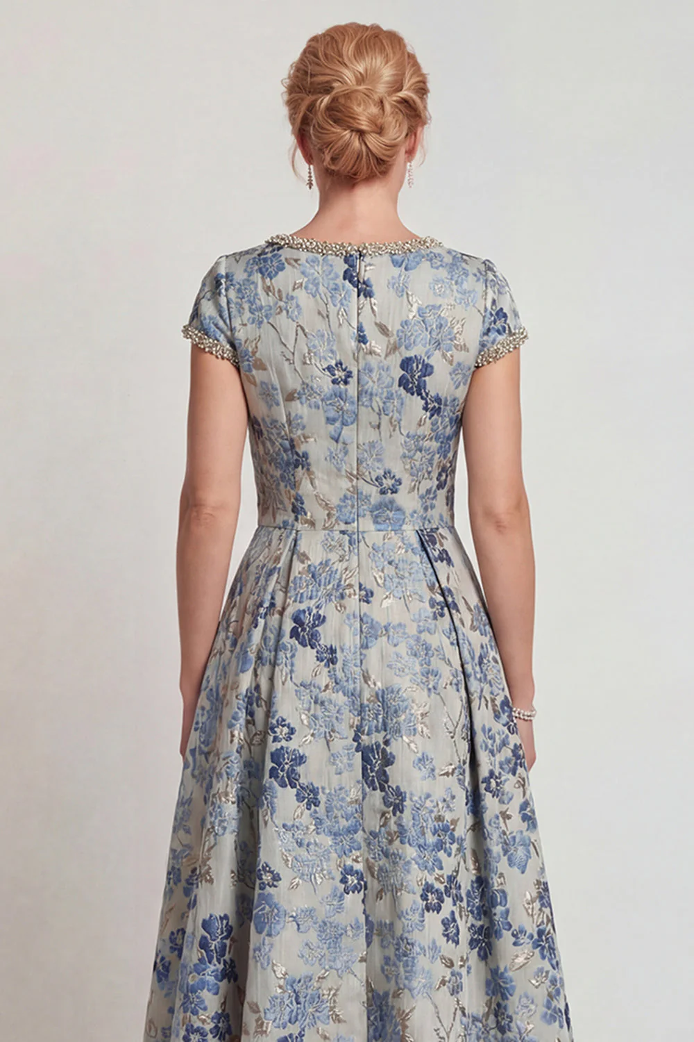 Grey Blue Flower Round Neck A-Line Long Mother of the Bride Dress with Sleeve - Image 5