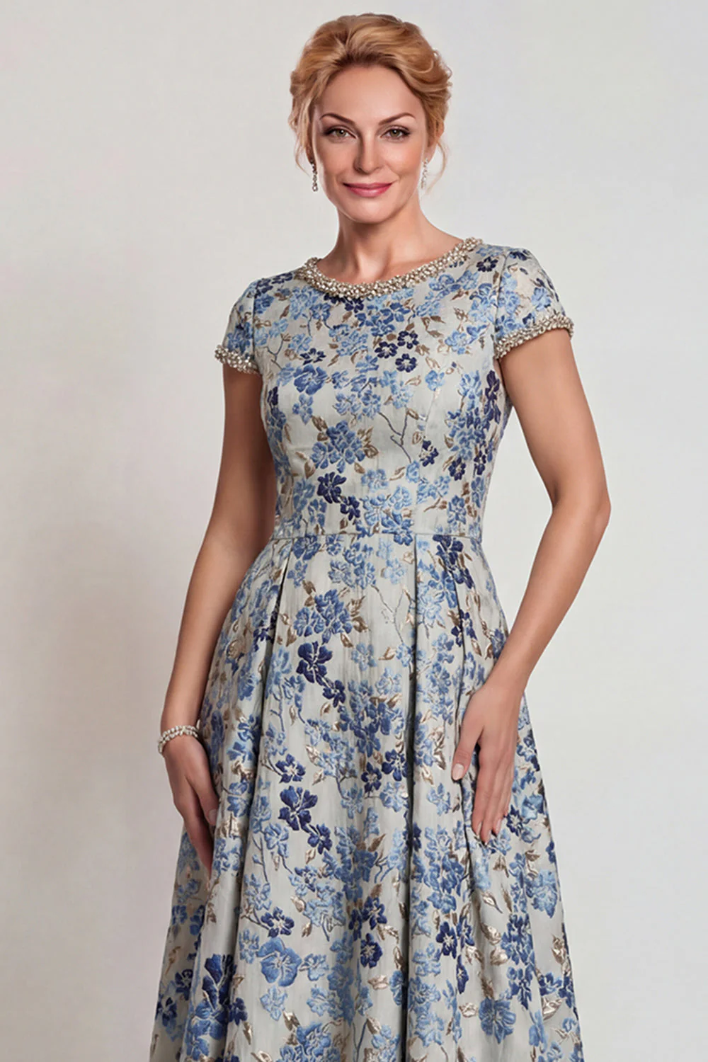 Grey Blue Flower Round Neck A-Line Long Mother of the Bride Dress with Sleeve - Image 6
