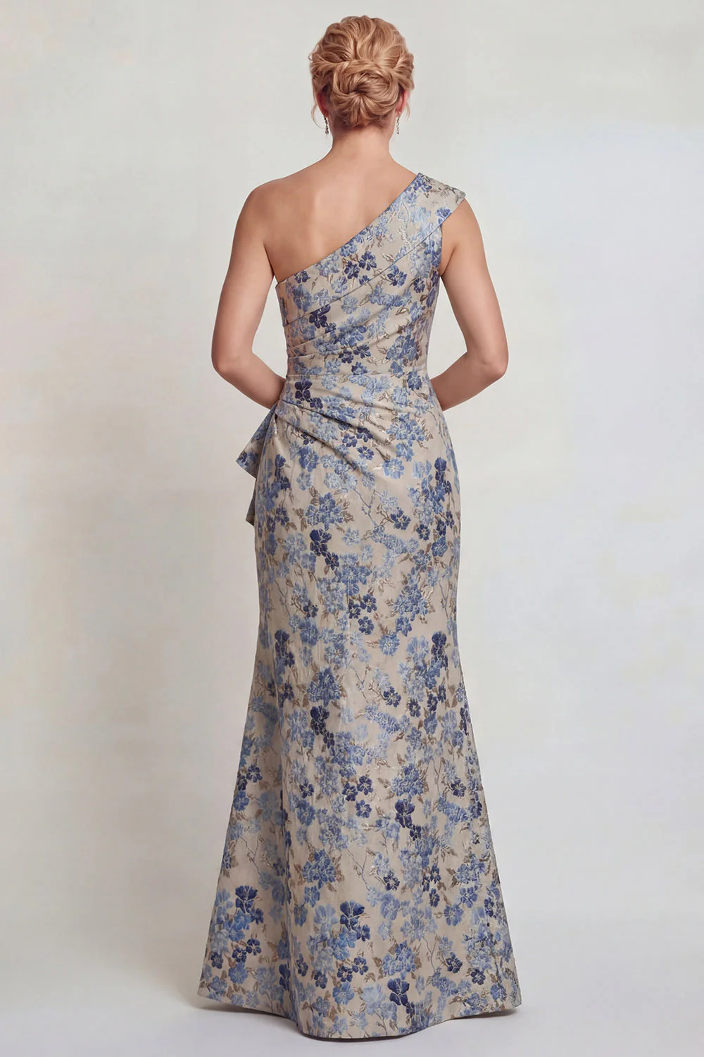 Grey Blue Flower Ruched One Shoulder Mermaid Mother of the Bride Dress with Slit - Image 2