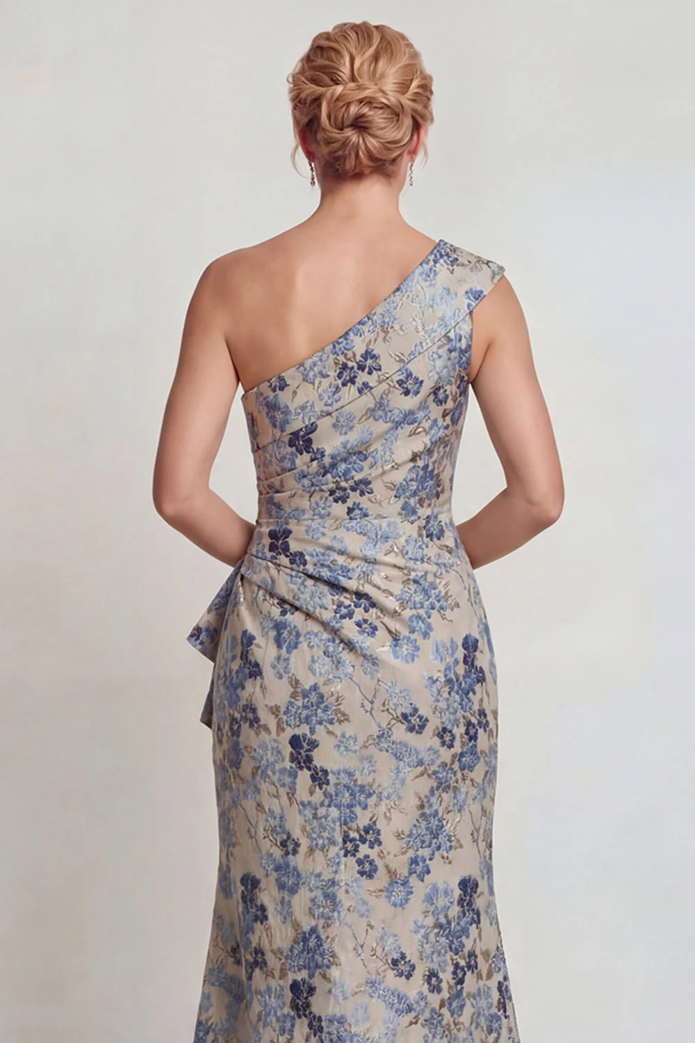Grey Blue Flower Ruched One Shoulder Mermaid Mother of the Bride Dress with Slit - Image 4