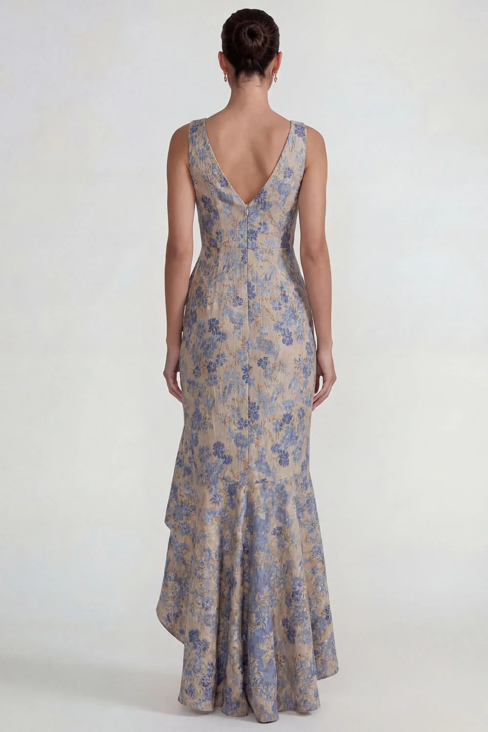 Grey Blue Mermaid Ruffled V Neck Jacquard Long Evening Dress with Slit - Image 2
