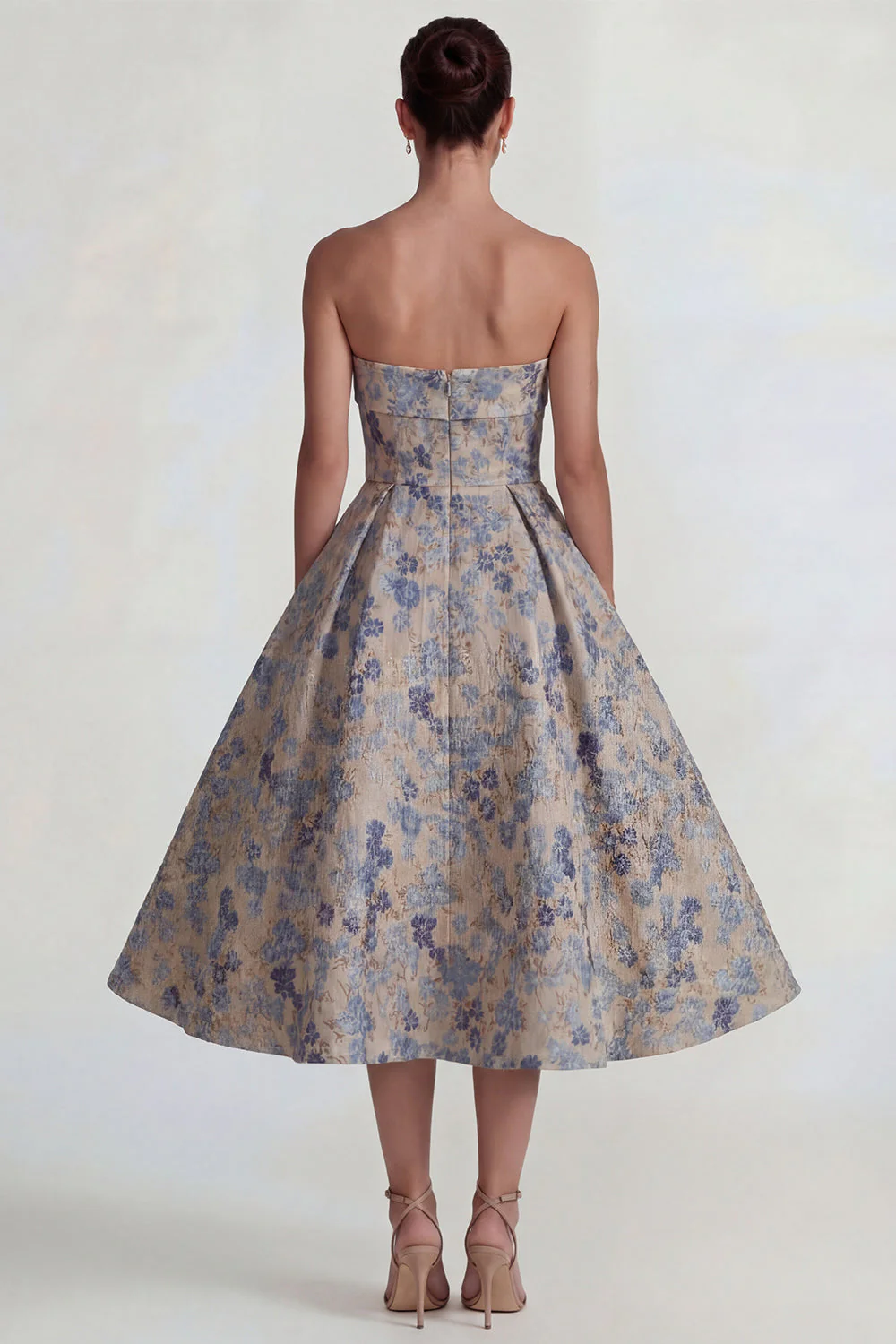Grey Blue Strapless A Line Jacquard Satin Midi Dress - Image 2