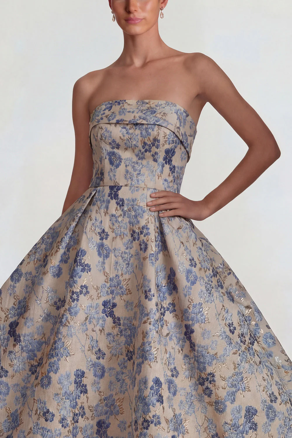Grey Blue Strapless A Line Jacquard Satin Midi Dress - Image 3