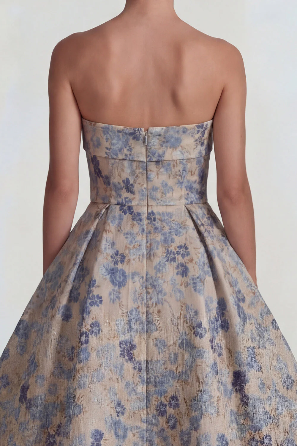 Grey Blue Strapless A Line Jacquard Satin Midi Dress - Image 4