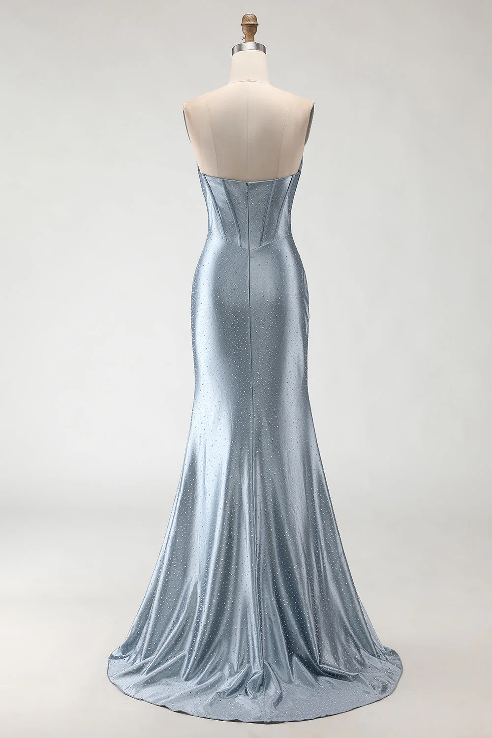 Grey Blue Mermaid Beaded Strapless Corset Ruched Long Prom Dress with Slit - Image 2