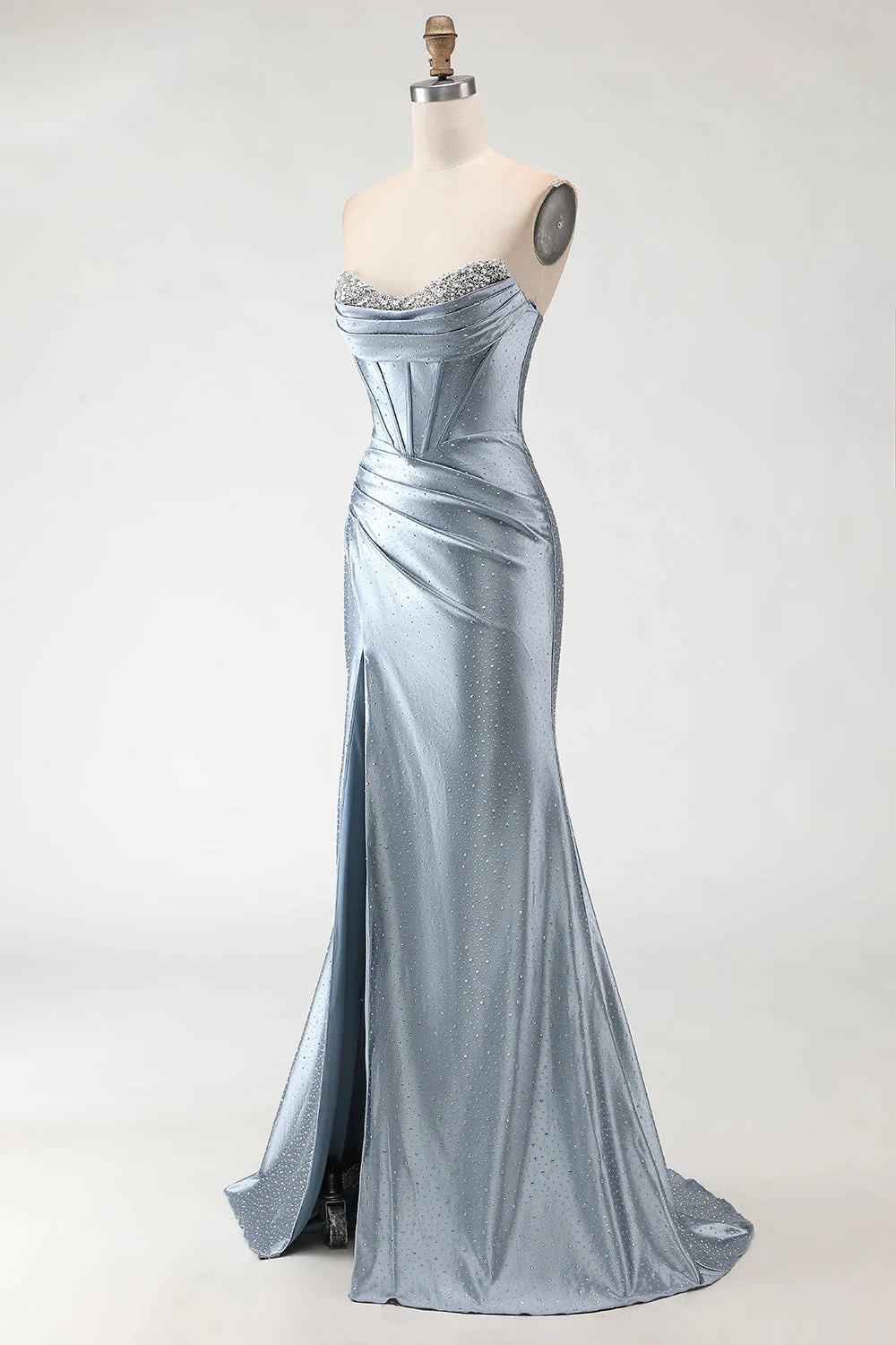 Grey Blue Mermaid Beaded Strapless Corset Ruched Long Prom Dress with Slit - Image 3