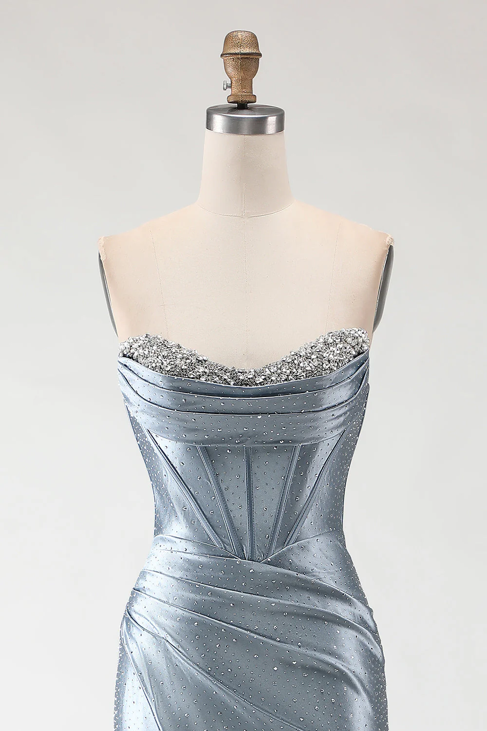 Grey Blue Mermaid Beaded Strapless Corset Ruched Long Prom Dress with Slit - Image 4