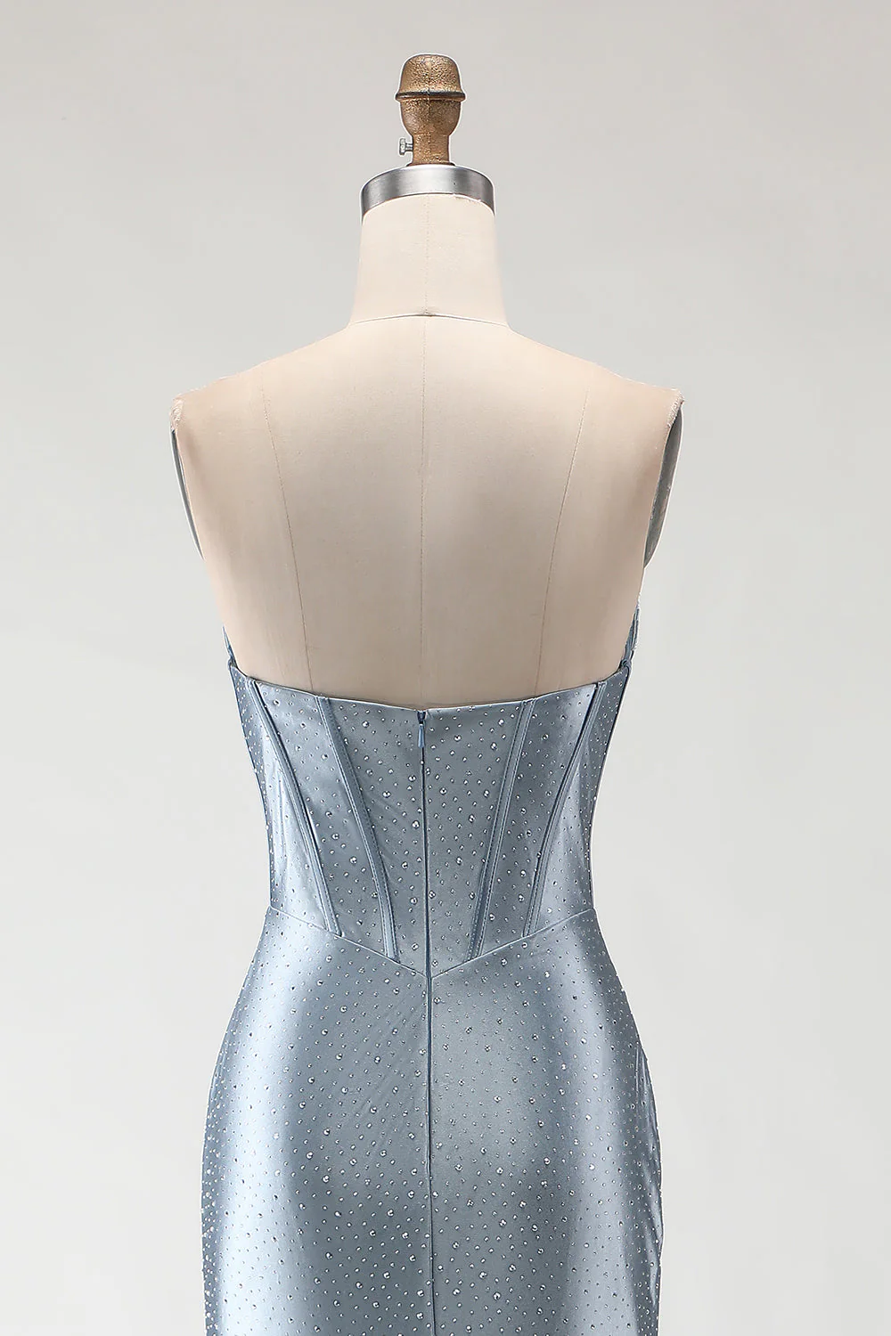 Grey Blue Mermaid Beaded Strapless Corset Ruched Long Prom Dress with Slit - Image 5