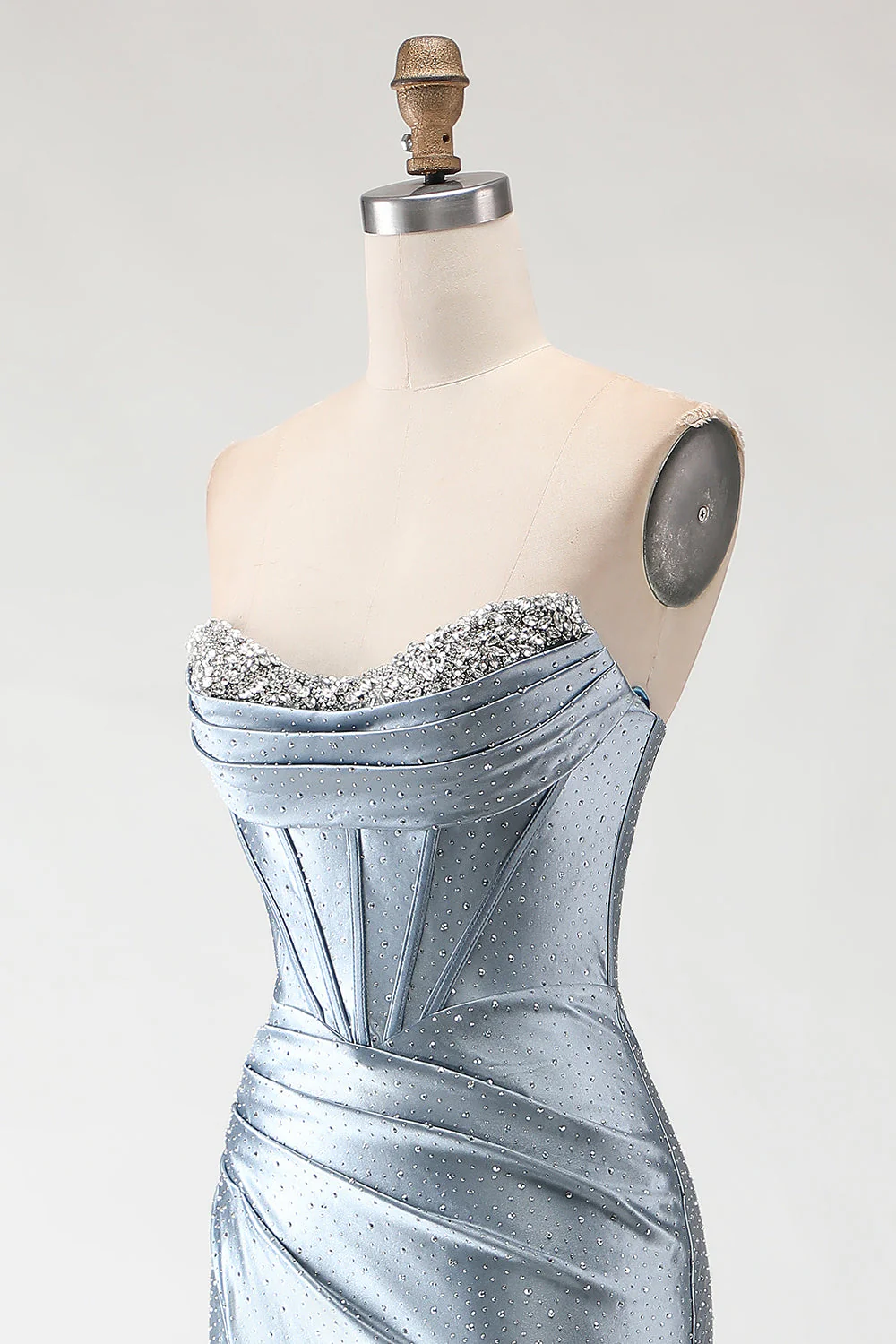 Grey Blue Mermaid Beaded Strapless Corset Ruched Long Prom Dress with Slit - Image 6