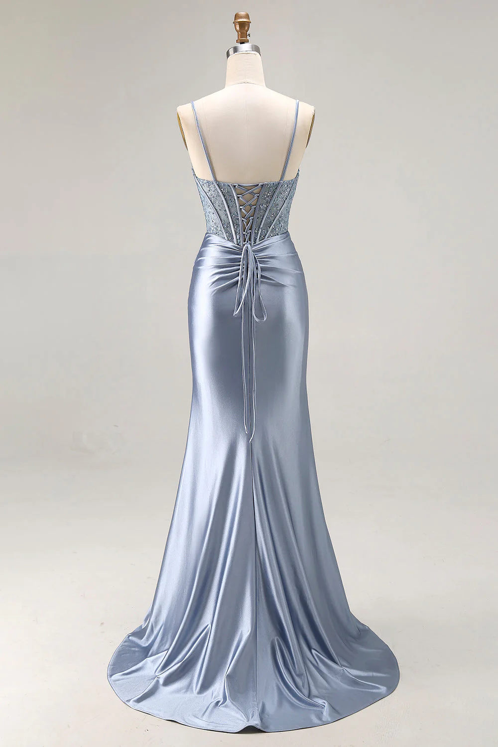 Grey Blue Mermaid Corset Beaded Pleated Long Prom Dress with Slit - Image 2