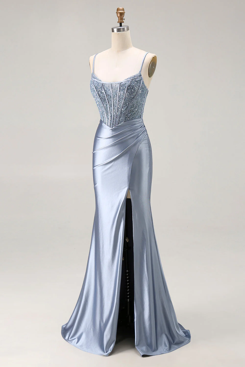 Grey Blue Mermaid Corset Beaded Pleated Long Prom Dress with Slit - Image 5