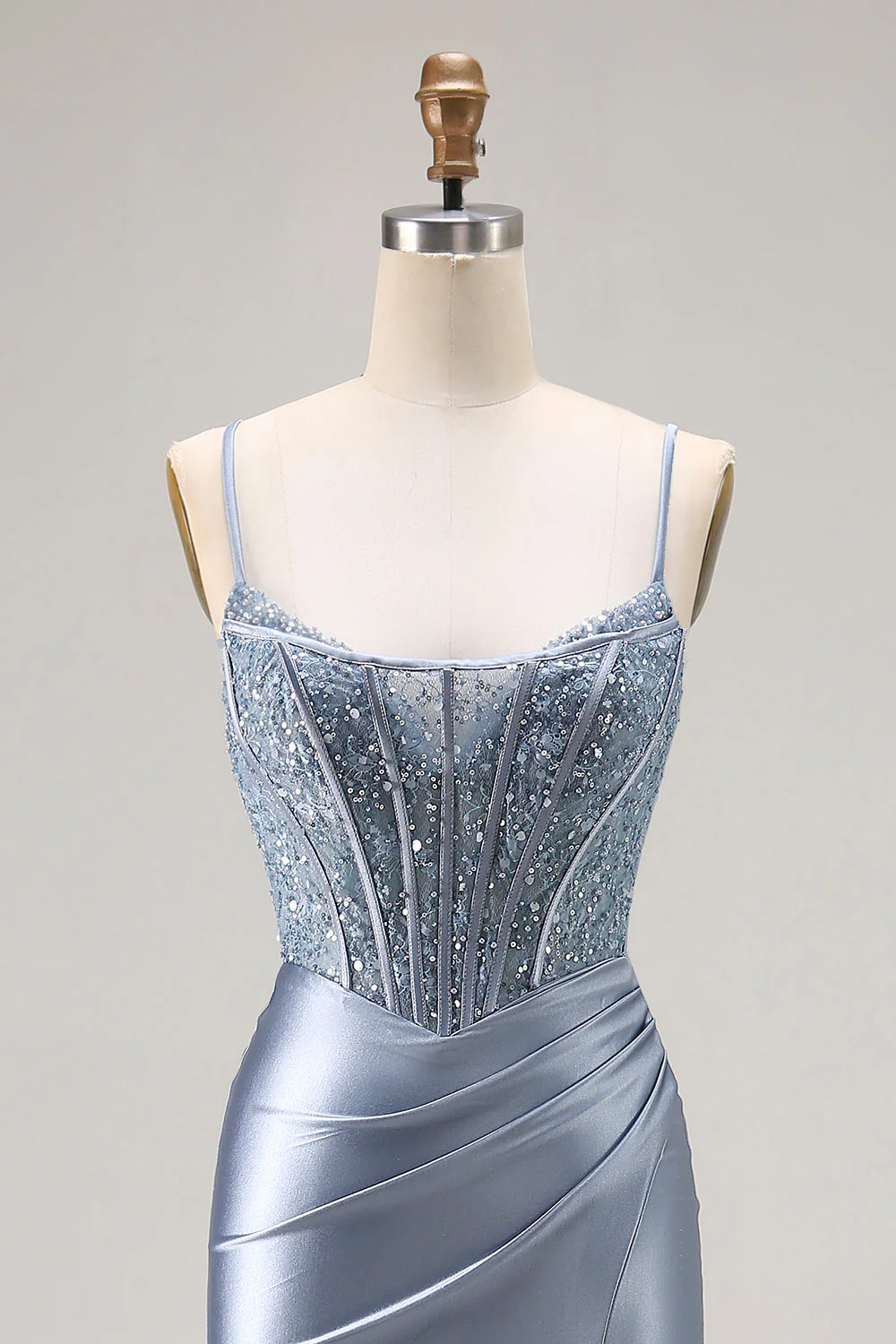 Grey Blue Mermaid Corset Beaded Pleated Long Prom Dress with Slit - Image 6