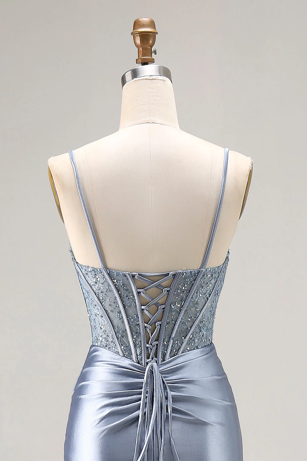 Grey Blue Mermaid Corset Beaded Pleated Long Prom Dress with Slit - Image 7