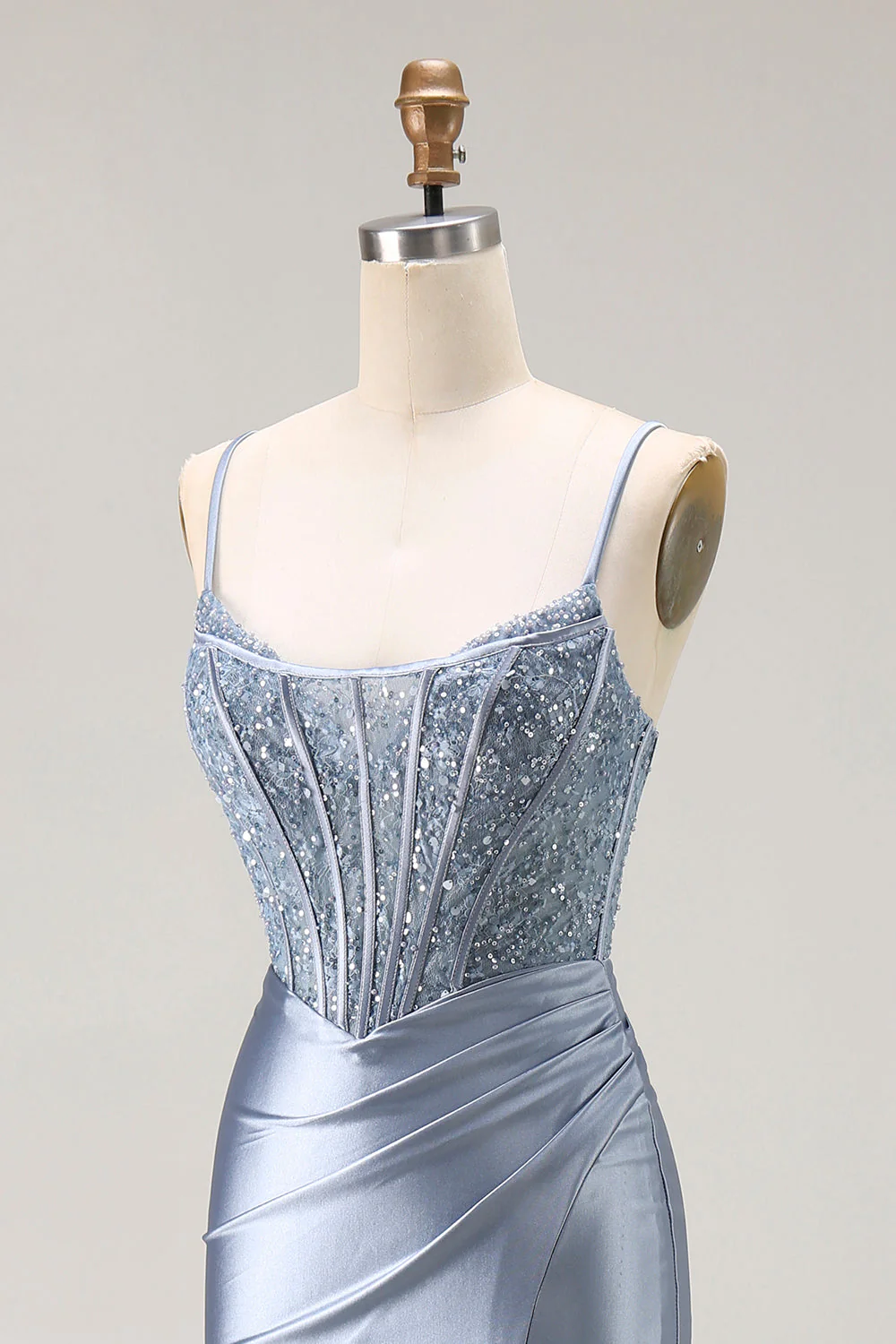 Grey Blue Mermaid Corset Beaded Pleated Long Prom Dress with Slit - Image 8