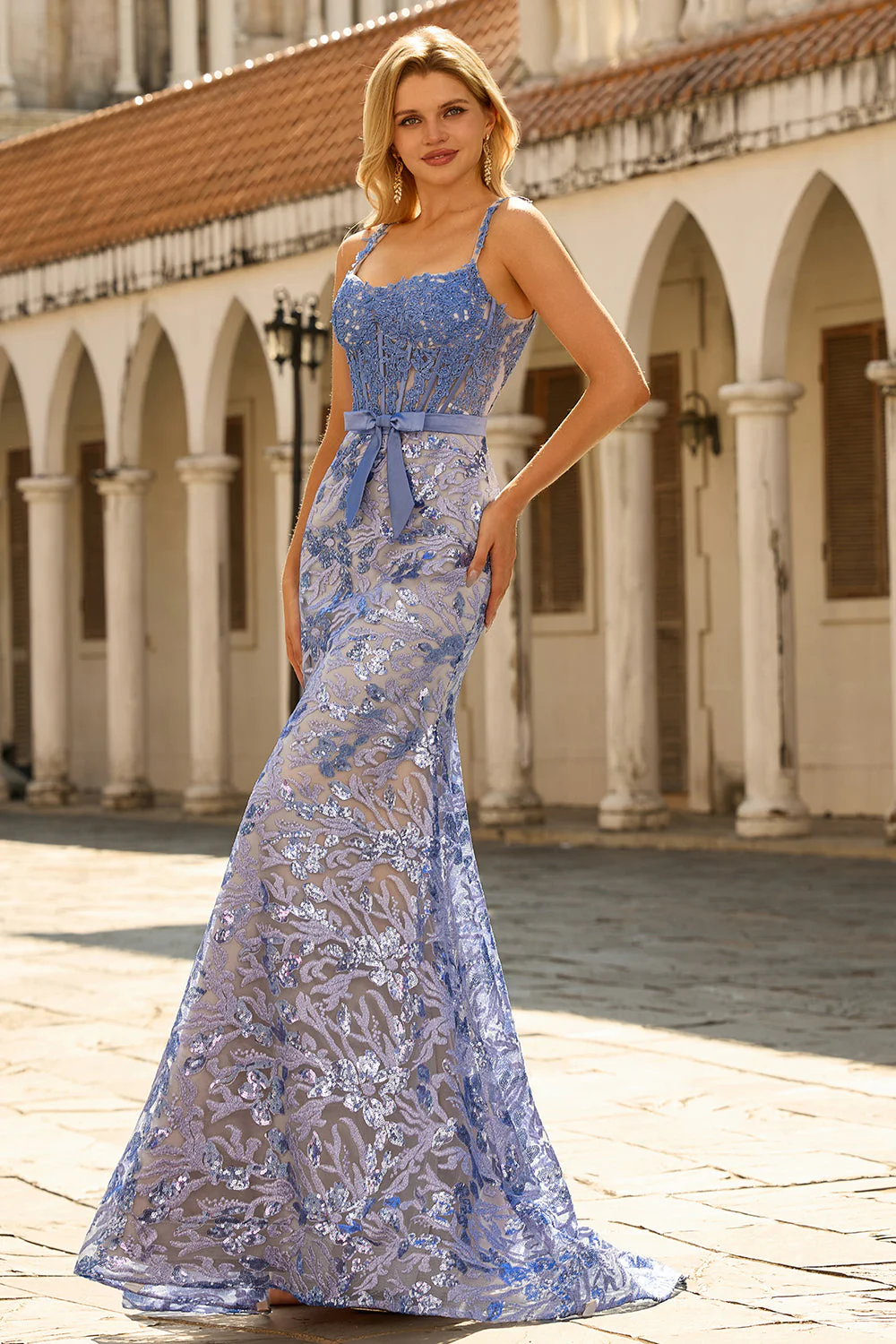 Grey Blue Mermaid Corset Sequin Beaded Long Prom Dress with Bow - Image 5