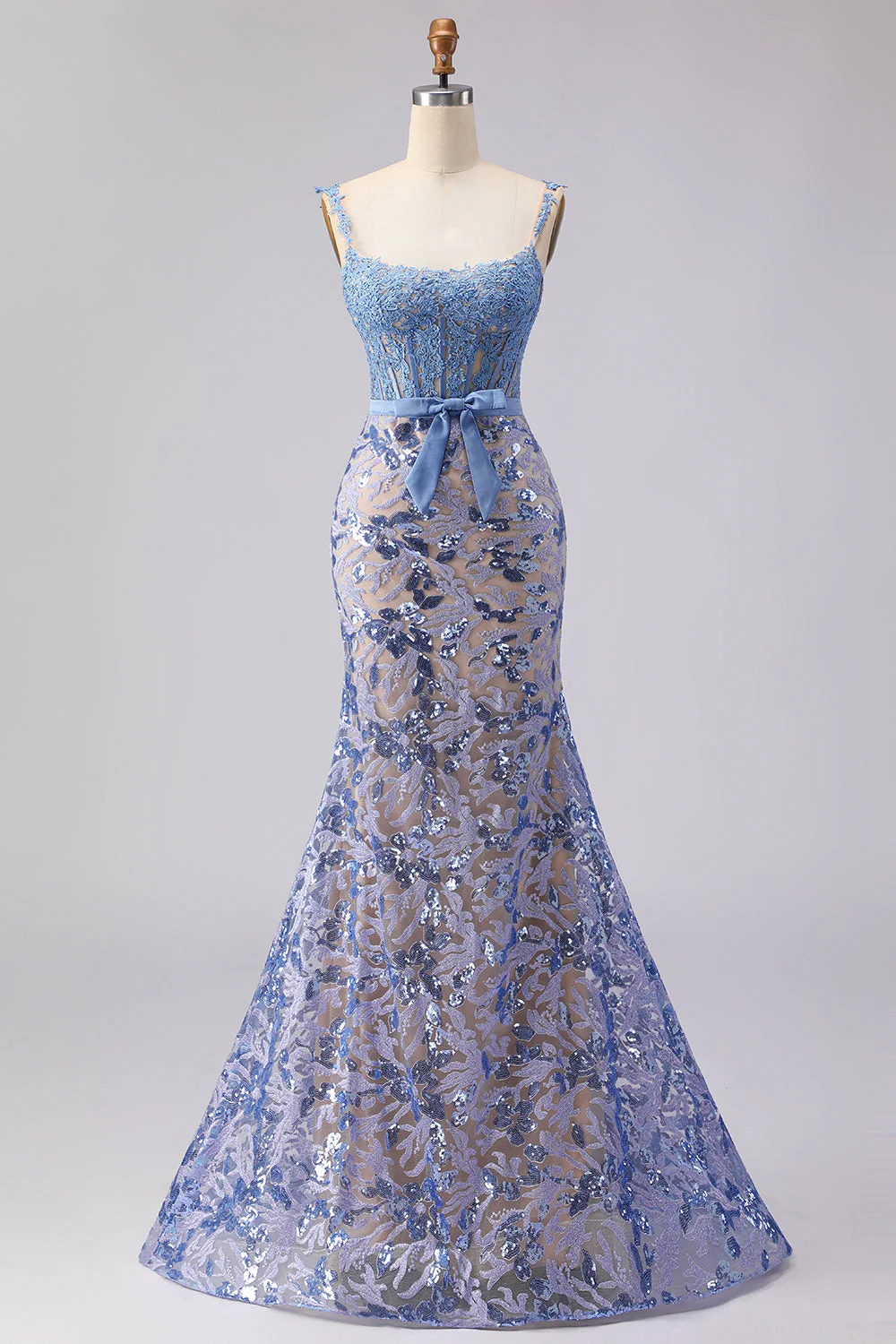 Grey Blue Mermaid Corset Sequin Beaded Long Prom Dress with Bow - Image 7
