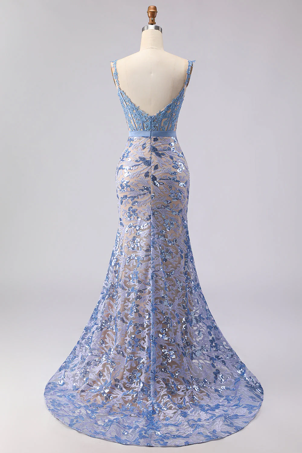 Grey Blue Mermaid Corset Sequin Beaded Long Prom Dress with Bow - Image 8