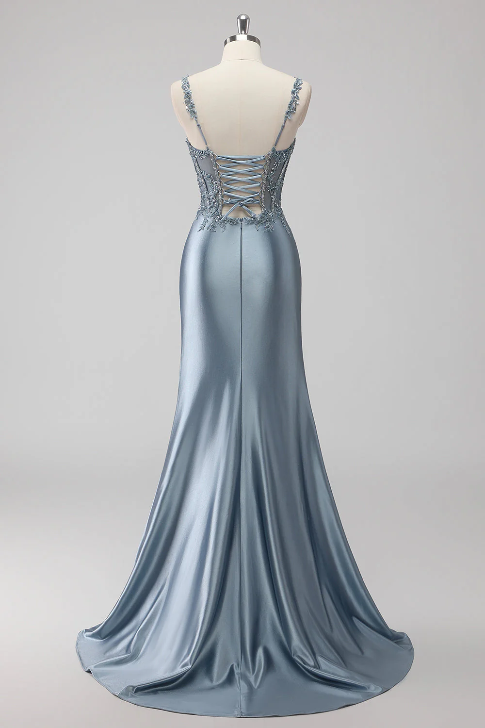 Grey Blue Mermaid Sheer Boned Corset Sequin Long Prom Dress with Slit - Image 2