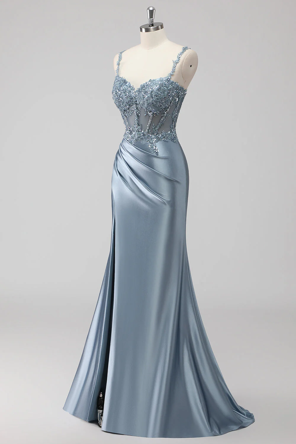 Grey Blue Mermaid Sheer Boned Corset Sequin Long Prom Dress with Slit - Image 3