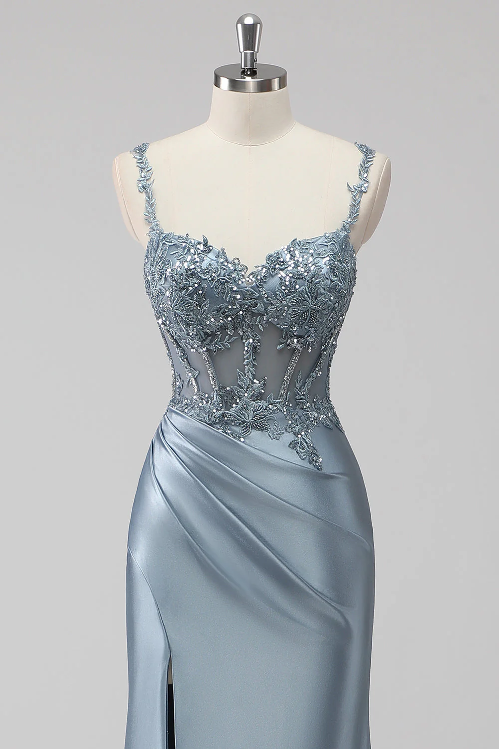 Grey Blue Mermaid Sheer Boned Corset Sequin Long Prom Dress with Slit - Image 4