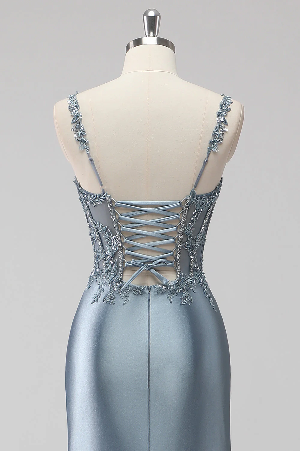 Grey Blue Mermaid Sheer Boned Corset Sequin Long Prom Dress with Slit - Image 5