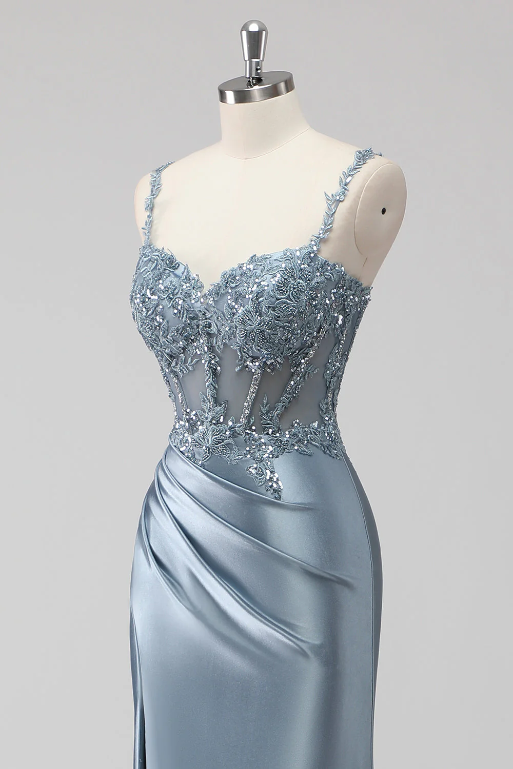 Grey Blue Mermaid Sheer Boned Corset Sequin Long Prom Dress with Slit - Image 6