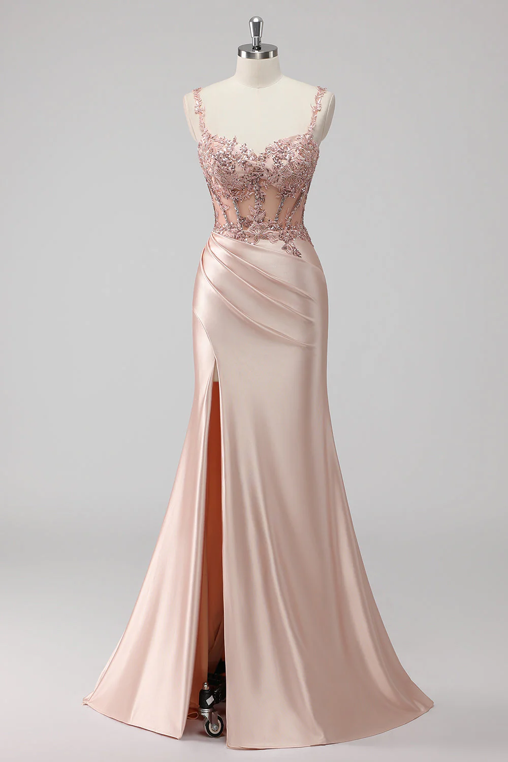 Grey Blue Mermaid Sheer Boned Corset Sequin Long Prom Dress with Slit - Image 7