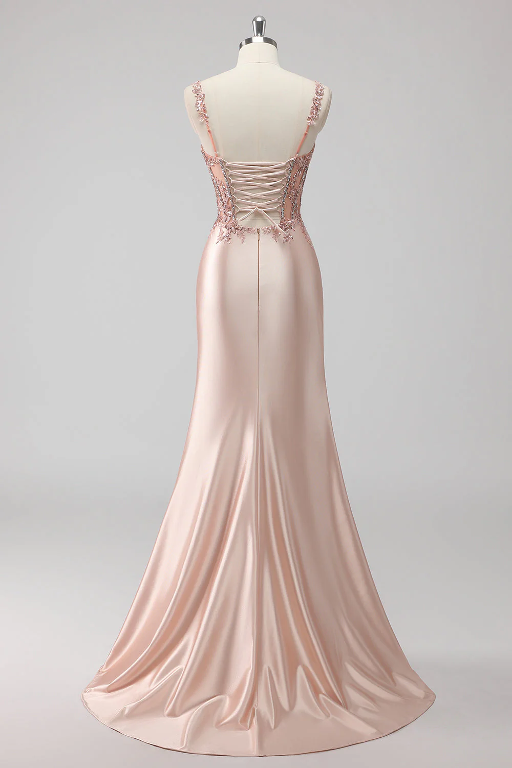 Grey Blue Mermaid Sheer Boned Corset Sequin Long Prom Dress with Slit - Image 8