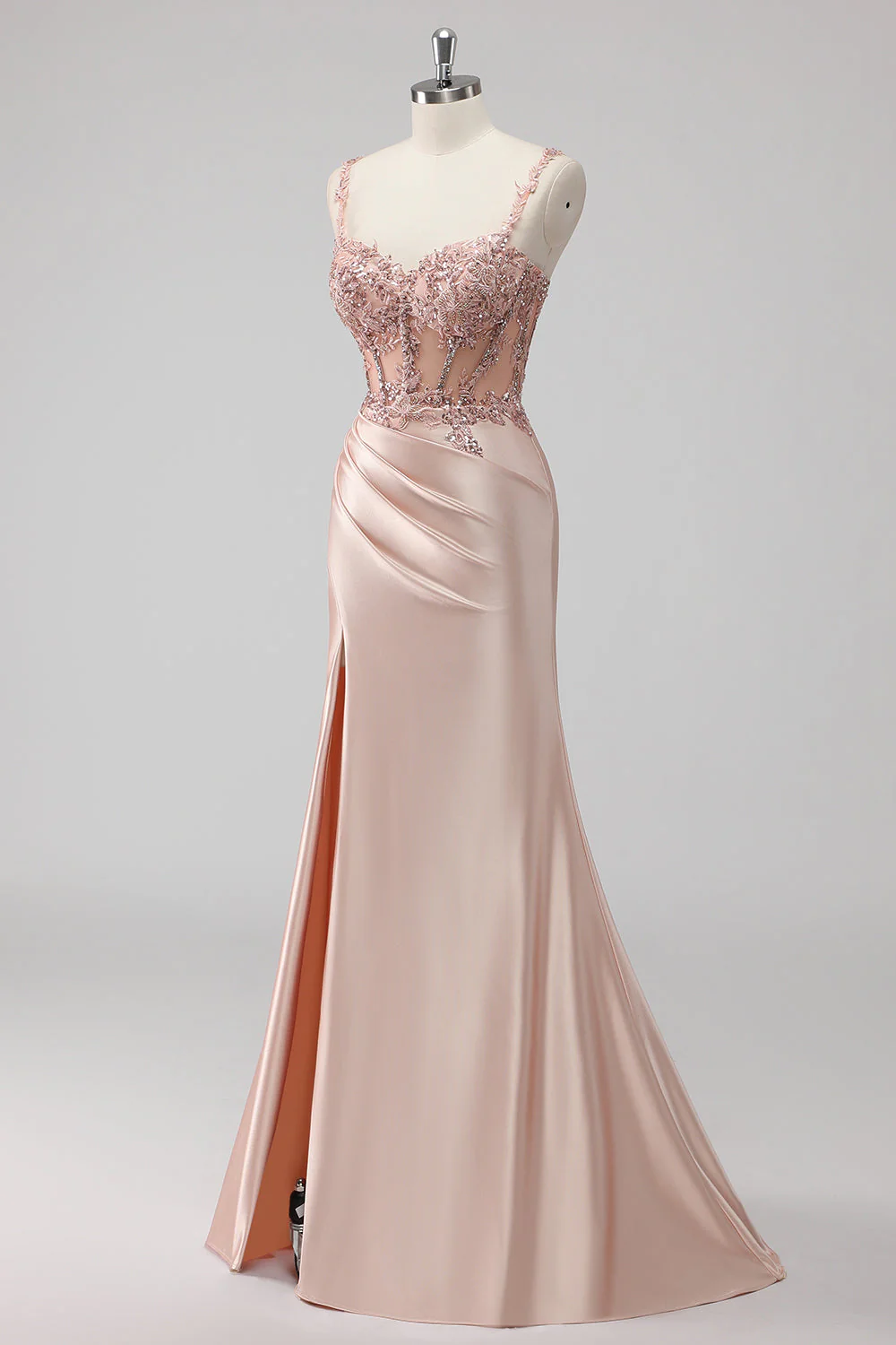 Grey Blue Mermaid Sheer Boned Corset Sequin Long Prom Dress with Slit - Image 9